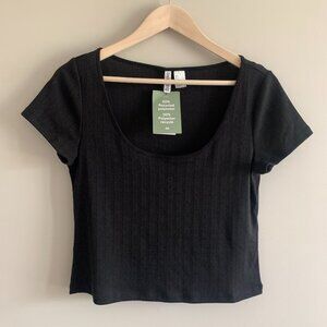 NWT | H& M Women's Black Ribbed Short Sleeve Jersey Top | Size Large